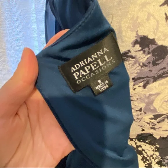 Adrianna Papell Beads Tiered Chiffon Evening Gown Sz 8 Prussian Blue Prom Dress - Picture 11 of 16